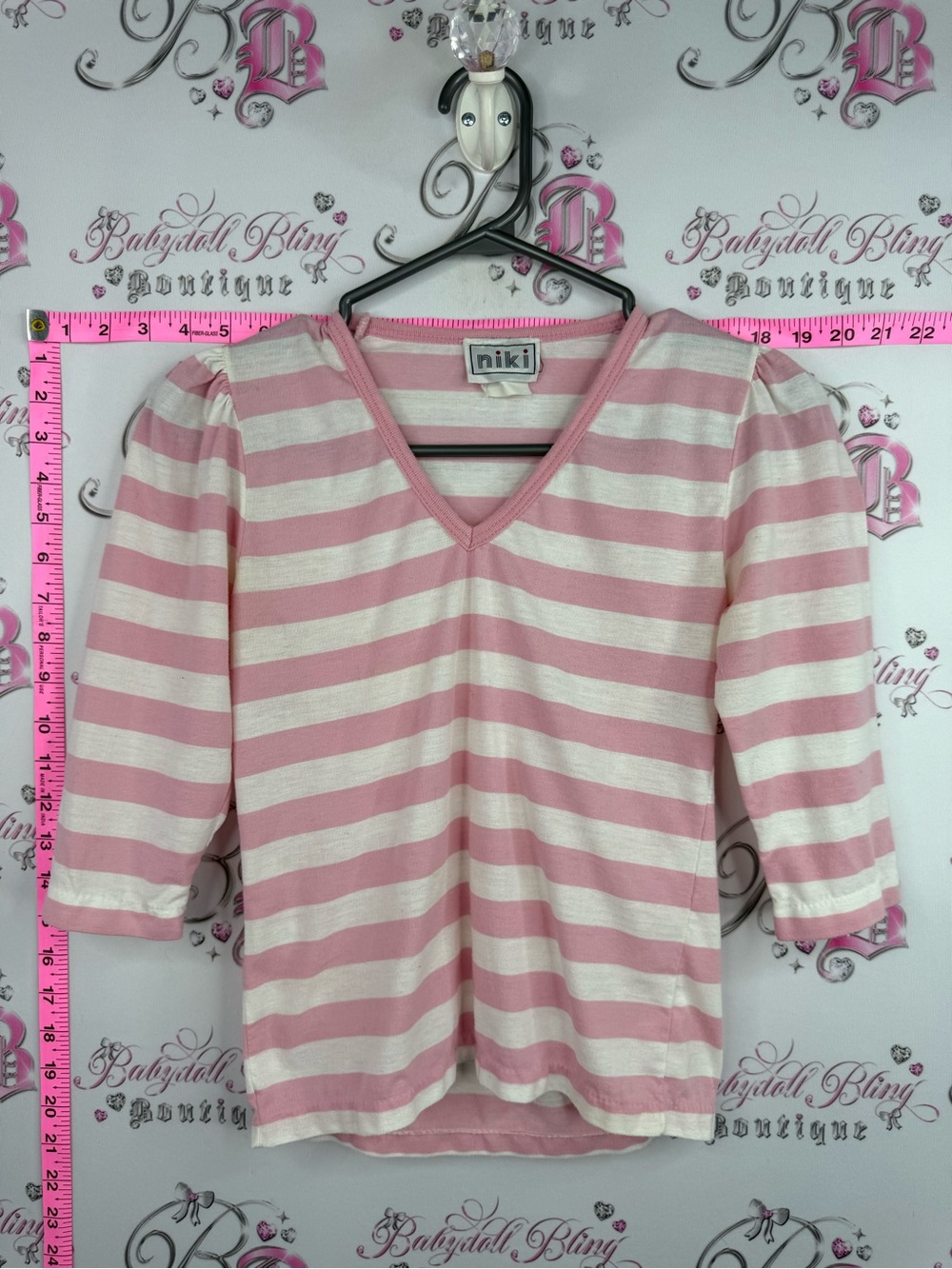 Niki top vintage Pink & White Striped V-Neck Long Sleeve Top
